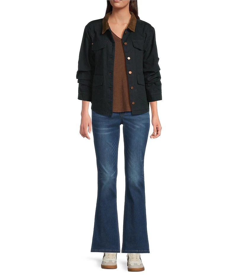 Democracy Contrast Corduroy Collar Long Rushed Sleeve Patch Pocket Button-Front Jacket