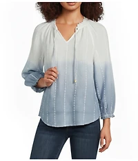 Democracy Cotton-Blend Stripe Ombre Split V-Neck 3/4 Sleeve Braided Tie Top