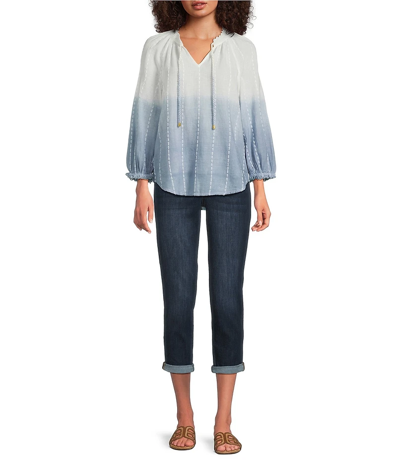 Democracy Cotton-Blend Stripe Ombre Split V-Neck 3/4 Sleeve Braided Tie Top