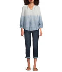 Democracy Cotton-Blend Stripe Ombre Split V-Neck 3/4 Sleeve Braided Tie Top