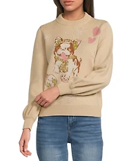 Democracy Crew Neck Long Sleeve Animal Placement Print Jacquard Sweater