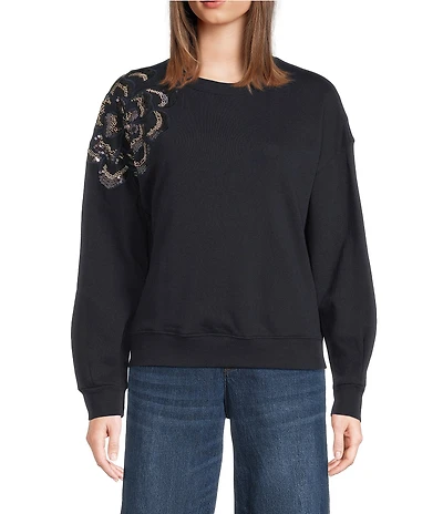 Democracy Crew Neck Long Sleeve Beaded Flower Knit Sweatshirt