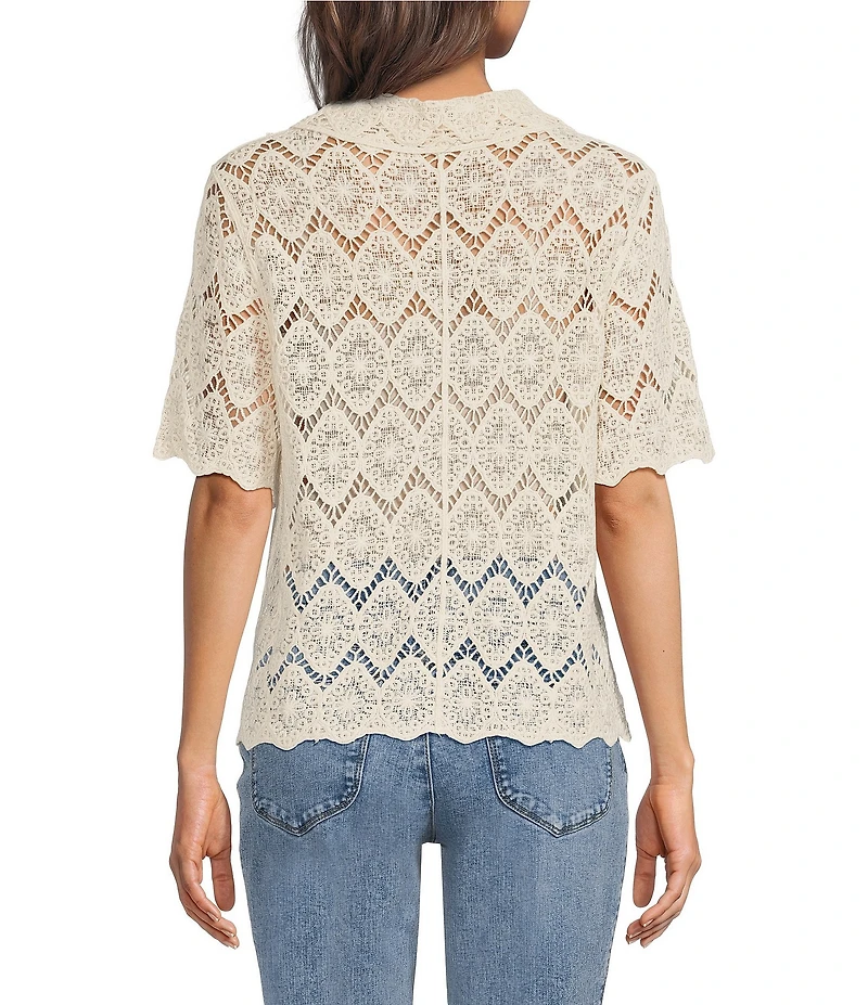 Democracy Crochet Collared Short Sleeve Scalloped Edge Button Front Shirt