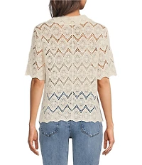 Democracy Crochet Collared Short Sleeve Scalloped Edge Button Front Shirt