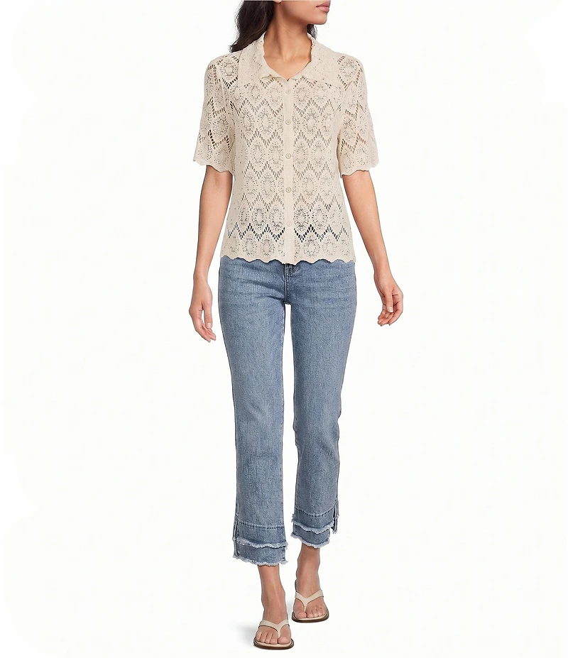 Democracy Crochet Collared Short Sleeve Scalloped Edge Button Front Shirt