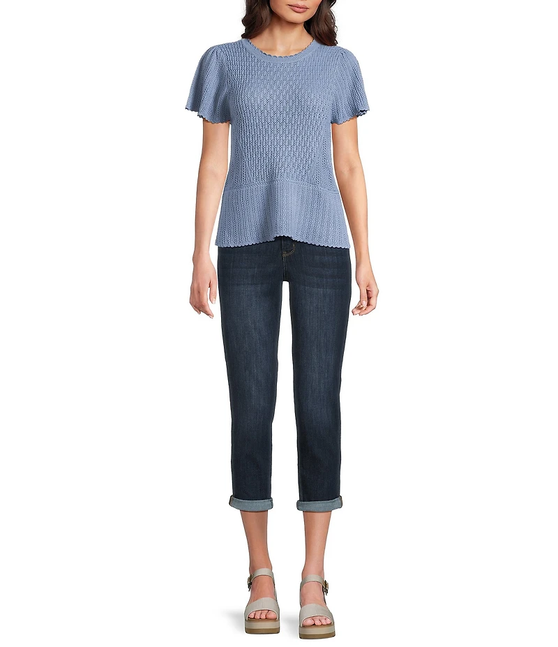Democracy Crochet Crew Neck Short Flounce Scalloped Trim Peplum Top