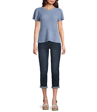 Democracy Crochet Crew Neck Short Flounce Scalloped Trim Peplum Top