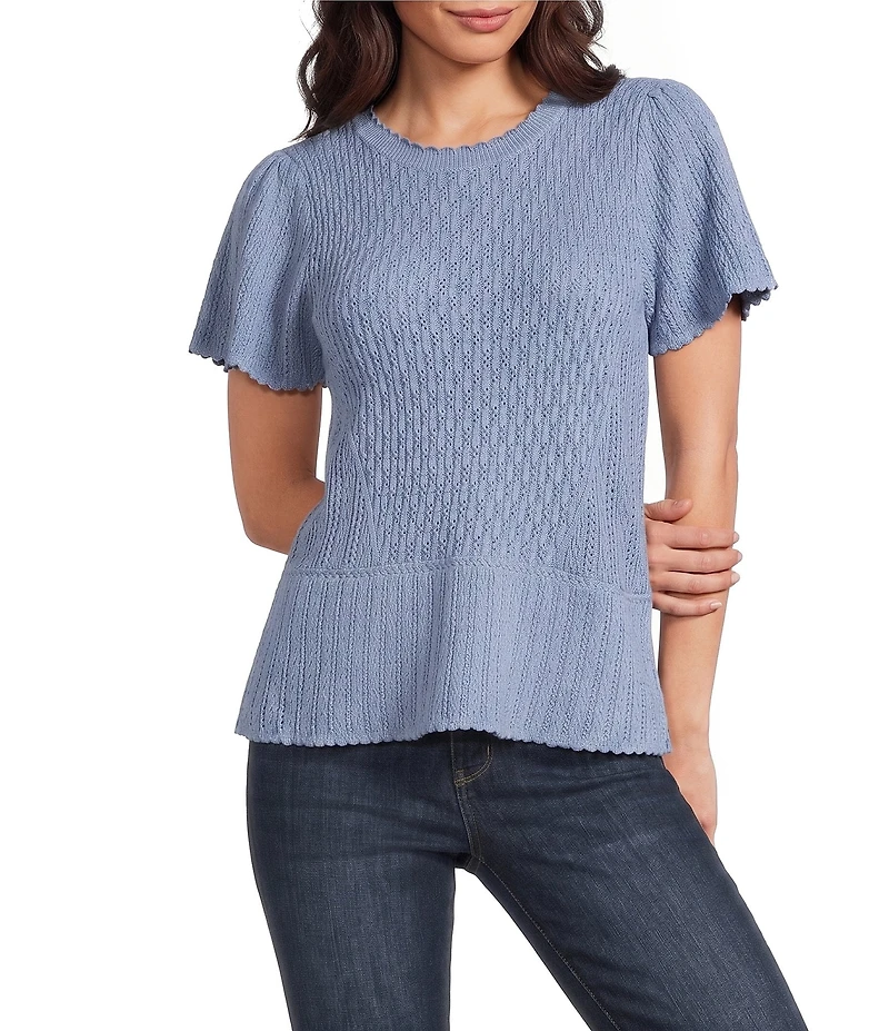 Democracy Crochet Crew Neck Short Flounce Scalloped Trim Peplum Top