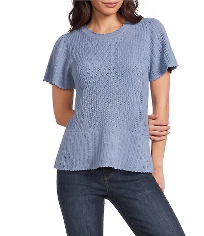 Democracy Crochet Crew Neck Short Flounce Scalloped Trim Peplum Top