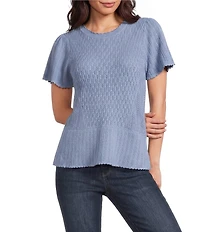 Democracy Crochet Crew Neck Short Flounce Scalloped Trim Peplum Top