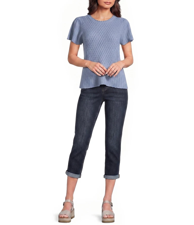 Democracy Crochet Crew Neck Short Flounce Scalloped Trim Peplum Top