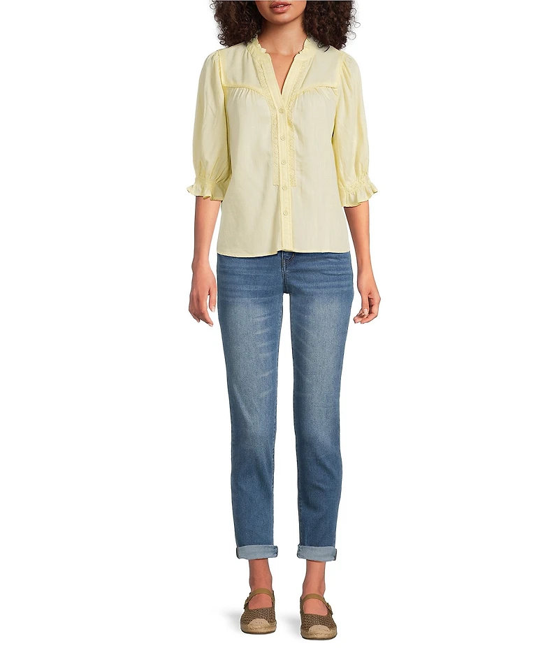 Democracy Crochet Inset Split V-Neck Elbow Sleeve Woven Top