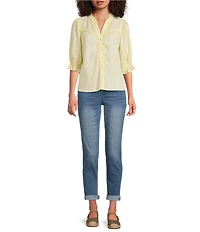 Democracy Crochet Inset Split V-Neck Elbow Sleeve Woven Top