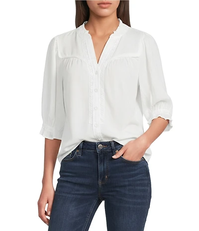 Democracy Crochet Inset Split V-Neck Elbow Sleeve Woven Top