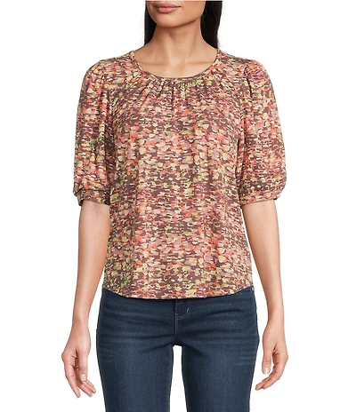 Democracy Print Ruched Crew Neck Elbow Puff Sleeve Knit Top