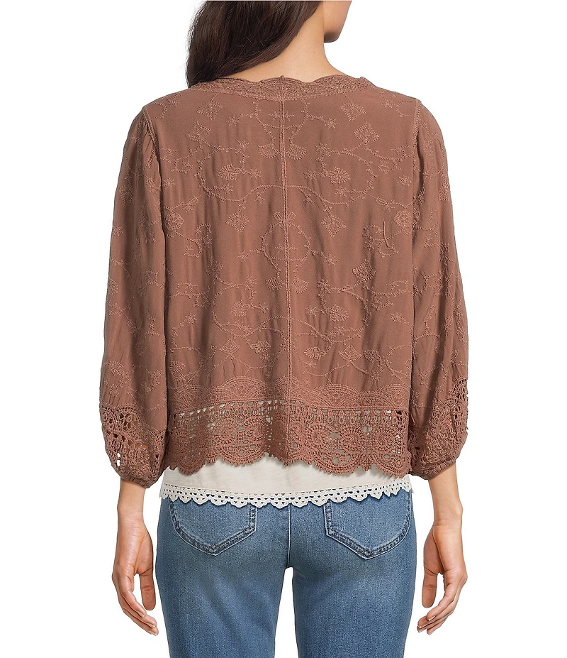 Democracy Embroidered 3/4 Blouson Sleeve Open-Front Crochet Jacket
