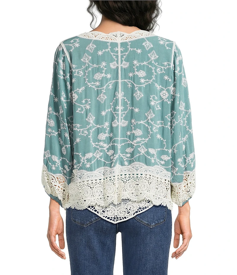 Democracy Embroidered 3/4 Blouson Sleeve Open-Front Crochet Jacket