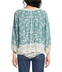 Democracy Embroidered 3/4 Blouson Sleeve Open-Front Crochet Jacket