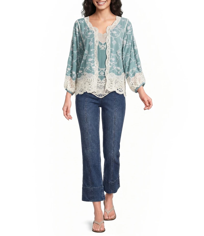 Democracy Embroidered 3/4 Blouson Sleeve Open-Front Crochet Jacket