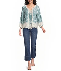 Democracy Embroidered 3/4 Blouson Sleeve Open-Front Crochet Jacket