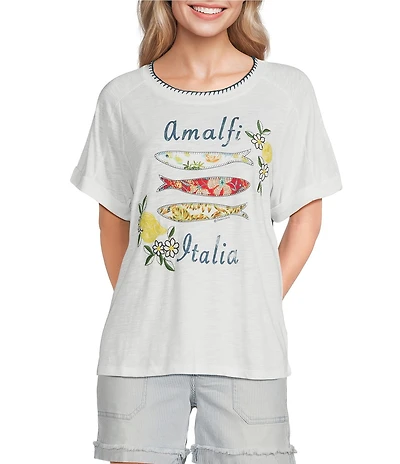 Democracy Embroidered Amalfi Coast Italy Crew Neck Short Sleeve Graphic Tee