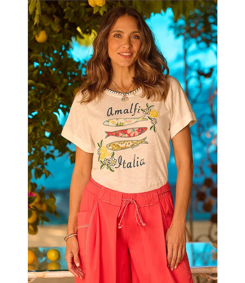 Democracy Embroidered Amalfi Coast Italy Crew Neck Short Sleeve Graphic Tee