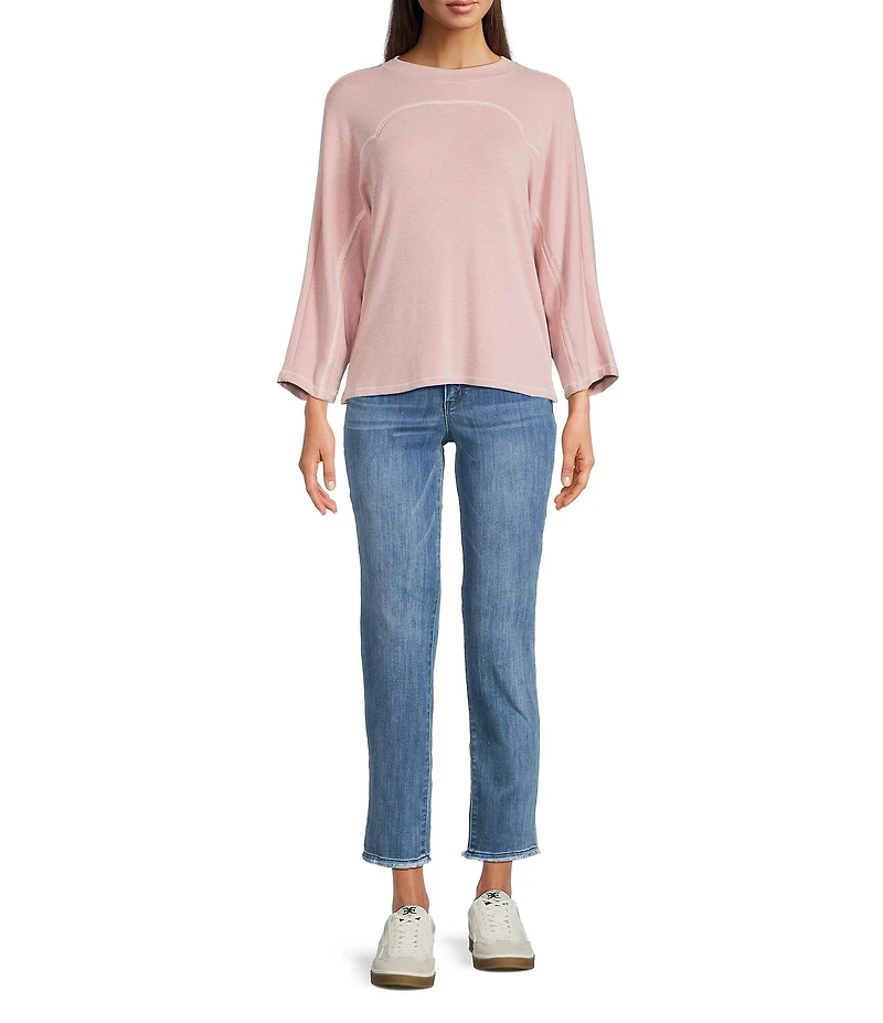 Democracy Knit Embroidered-Stitched Trimmed Crew Neck 3/4 Dolman Sleeve Top