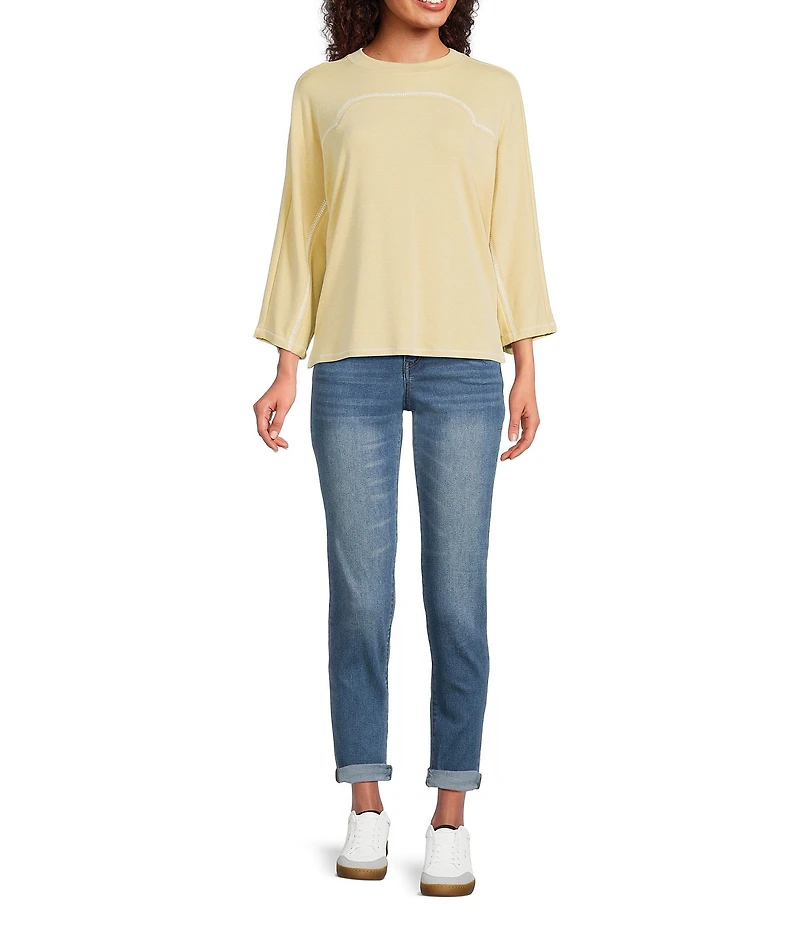 Democracy Knit Embroidered-Stitched Trimmed Crew Neck 3/4 Dolman Sleeve Top