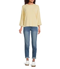 Democracy Knit Embroidered-Stitched Trimmed Crew Neck 3/4 Dolman Sleeve Top