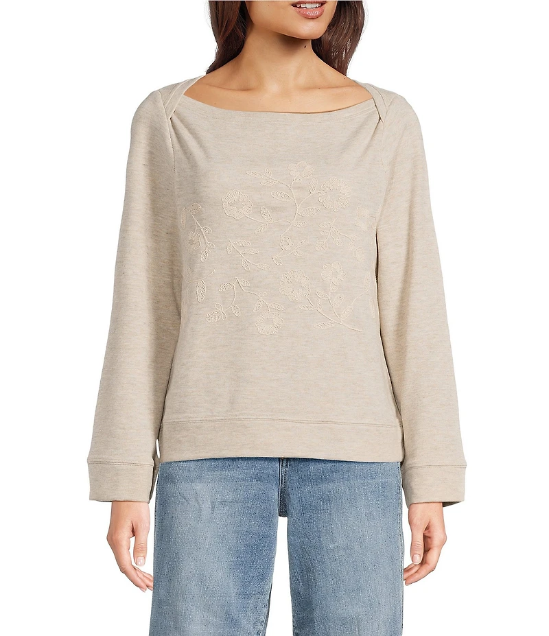 Democracy Embroidered Floral Boat Neck Long Bell Sleeve Knit Top