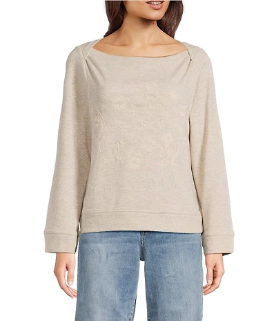 Democracy Embroidered Floral Boat Neck Long Bell Sleeve Knit Top