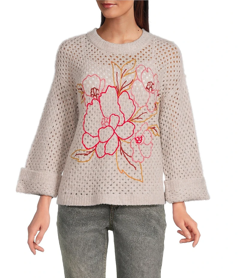 Democracy Embroidered Floral Round Neck Long Sleeve Openwork Sweater