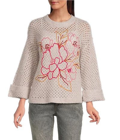 Democracy Embroidered Floral Round Neck Long Sleeve Openwork Sweater