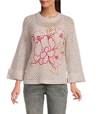 Democracy Embroidered Floral Round Neck Long Sleeve Openwork Sweater