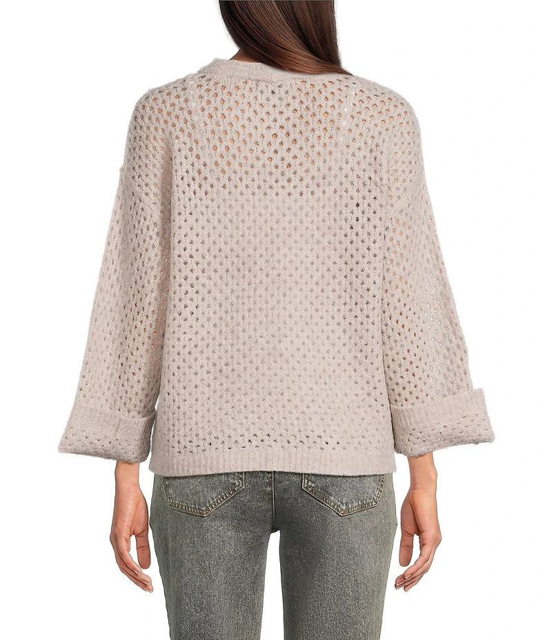 Democracy Embroidered Floral Round Neck Long Sleeve Openwork Sweater
