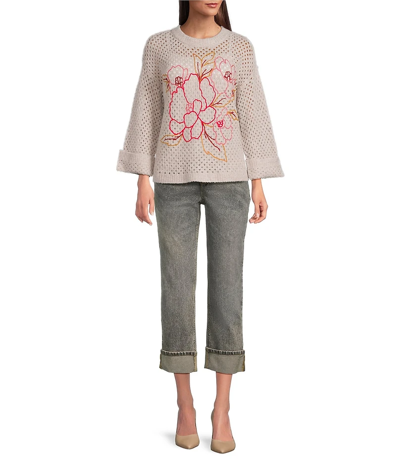 Democracy Embroidered Floral Round Neck Long Sleeve Openwork Sweater