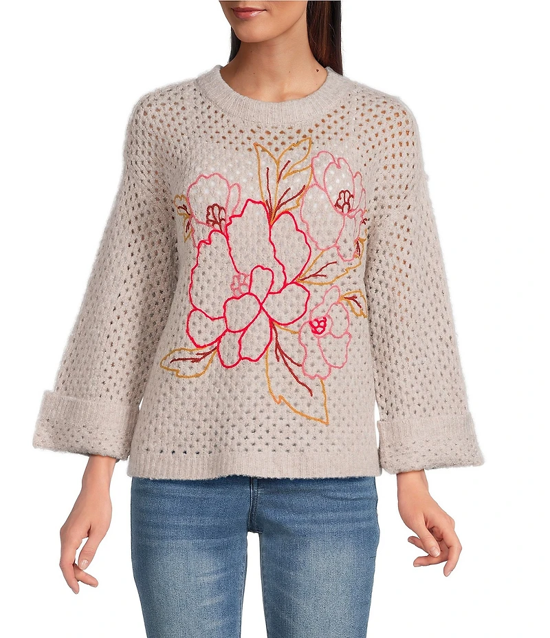 Democracy Embroidered Floral Round Neck Long Sleeve Openwork Sweater