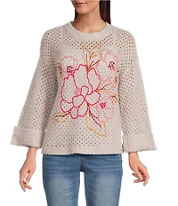 Democracy Embroidered Floral Round Neck Long Sleeve Openwork Sweater