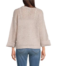 Democracy Embroidered Floral Round Neck Long Sleeve Openwork Sweater