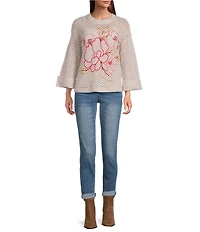 Democracy Embroidered Floral Round Neck Long Sleeve Openwork Sweater