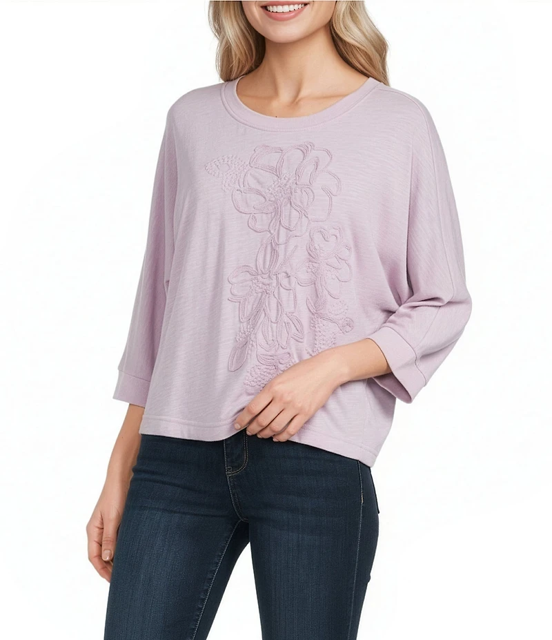 Democracy Embroidered Floral Scoop Neck 3/4 Dolman Sleeve Knit Top