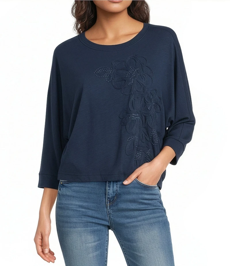 Democracy Embroidered Floral Scoop Neck 3/4 Dolman Sleeve Knit Top