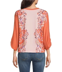 Democracy Embroidered Floral Scoop Neck 3/4 Sleeve Knit Top