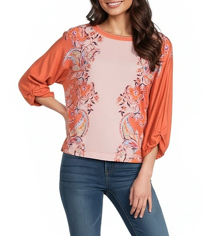 Democracy Embroidered Floral Boat Neck 3/4 Sleeve Knit Top