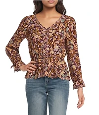 Democracy Embroidered Floral V-Neck Tie Sleeve Top