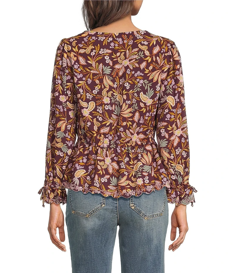 Democracy Embroidered Floral V-Neck Tie Sleeve Top