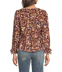 Democracy Embroidered Floral V-Neck Tie Sleeve Top