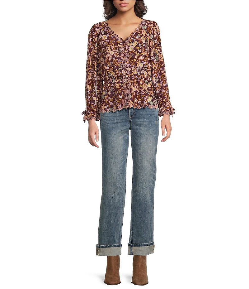 Democracy Embroidered Floral V-Neck Tie Sleeve Top