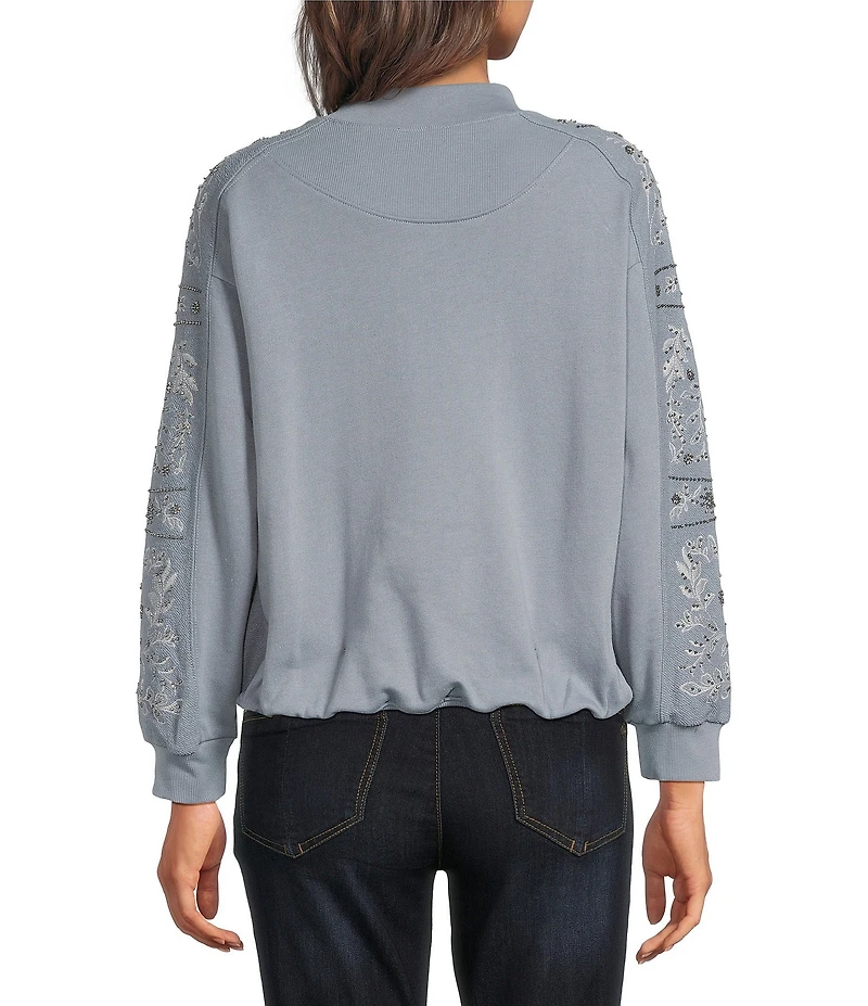 Democracy Embroidered Mixed-Media Mock Neck Long Sleeve Top