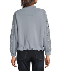 Democracy Embroidered Mixed-Media Mock Neck Long Sleeve Top